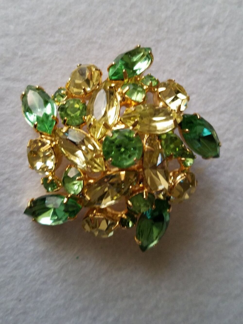 Vintage Greens Rhinestone and Navette Goldtone Brooch
